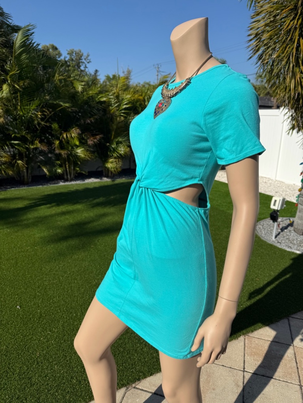 Turquoise Cotton Twist Knot Front Cutout Mini T-Shirt Dress Short Sleeve size M - Picture 1 of 6